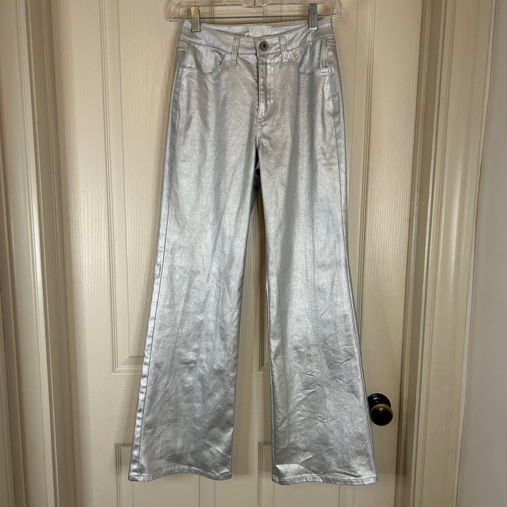 EVERY Silver Metallic High Rise Wide Leg Pants Women's Size‎ 0 - Picture 2 of 13
